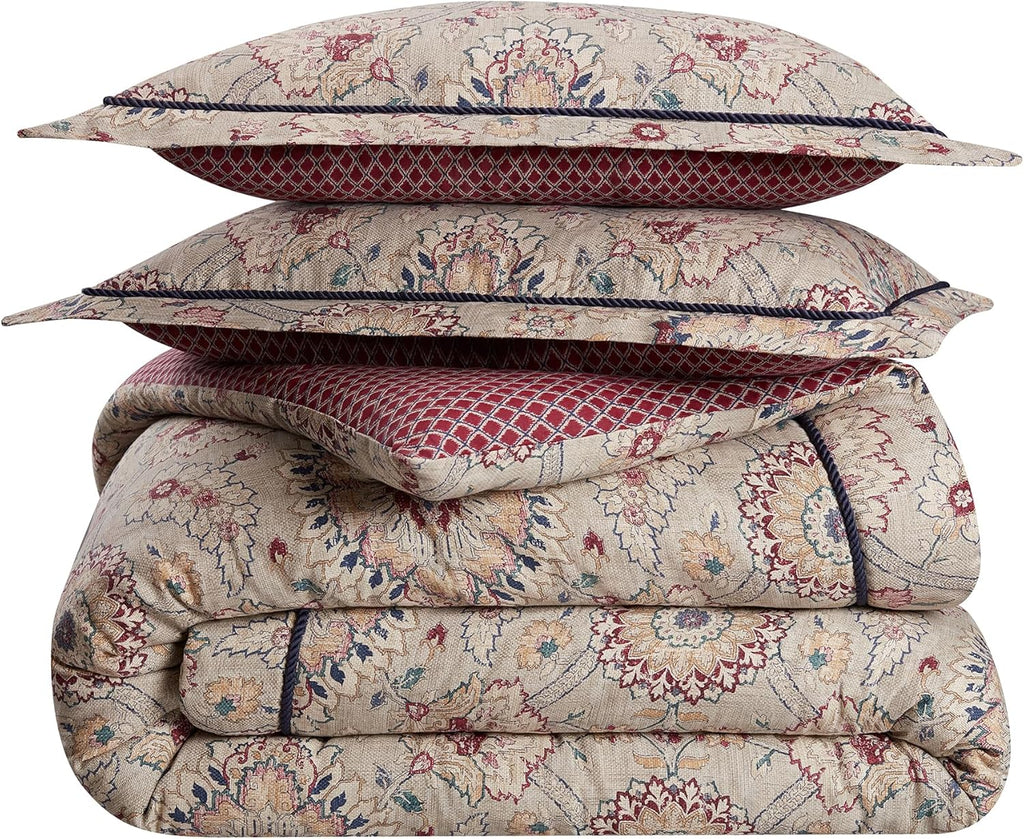 Beige & Maroon 4 Piece Cotton Comforter Set, Queen B29537