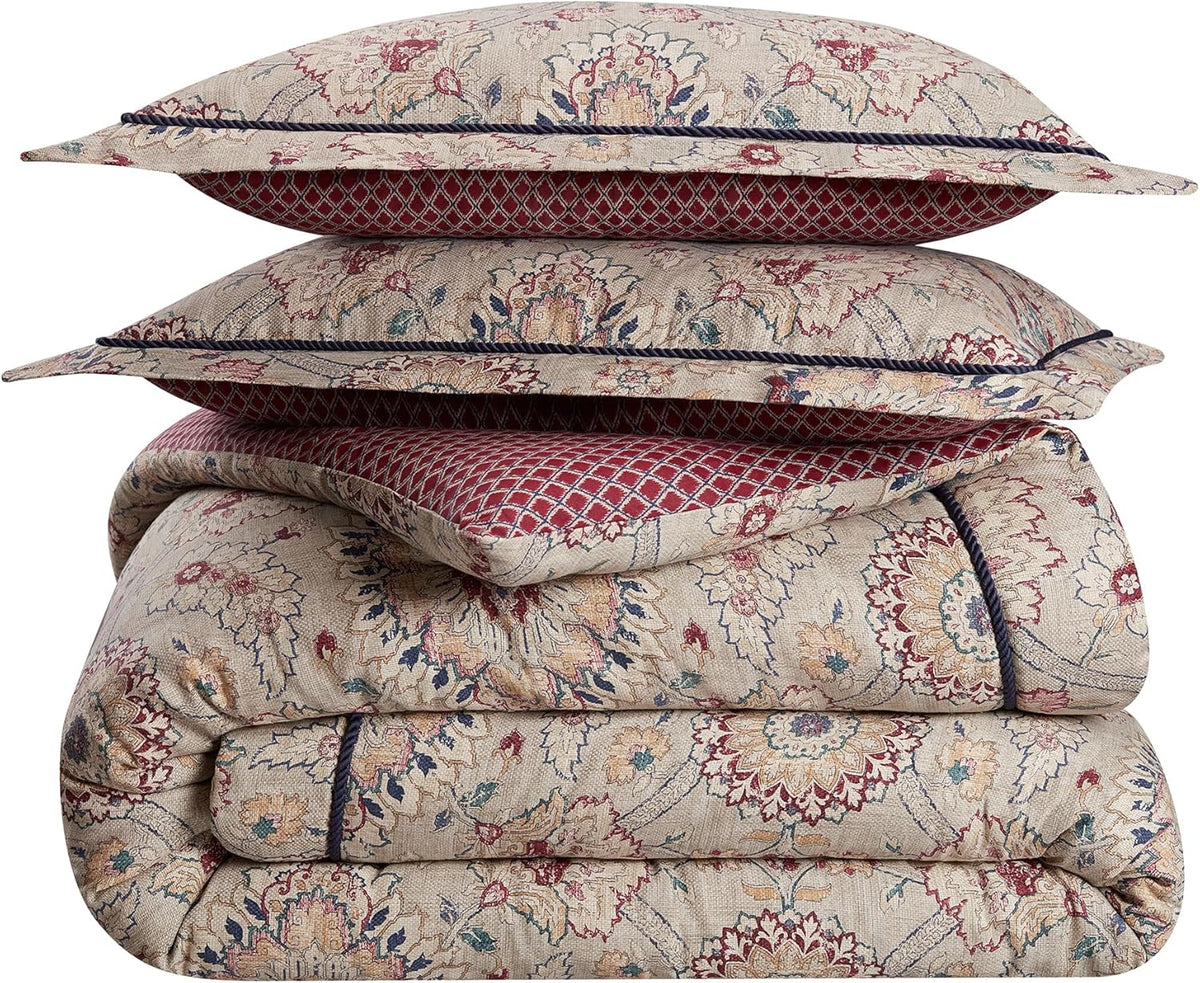 Beige & Maroon 4 Piece Cotton Comforter Set, Queen B29537