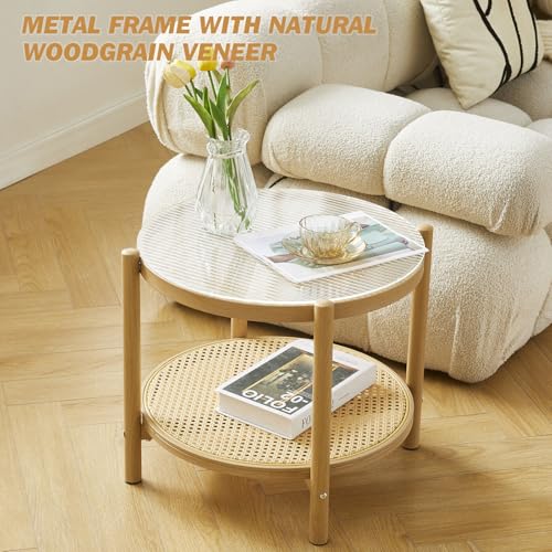27.5" Boho Rattan Round Glass Coffee Table H766025