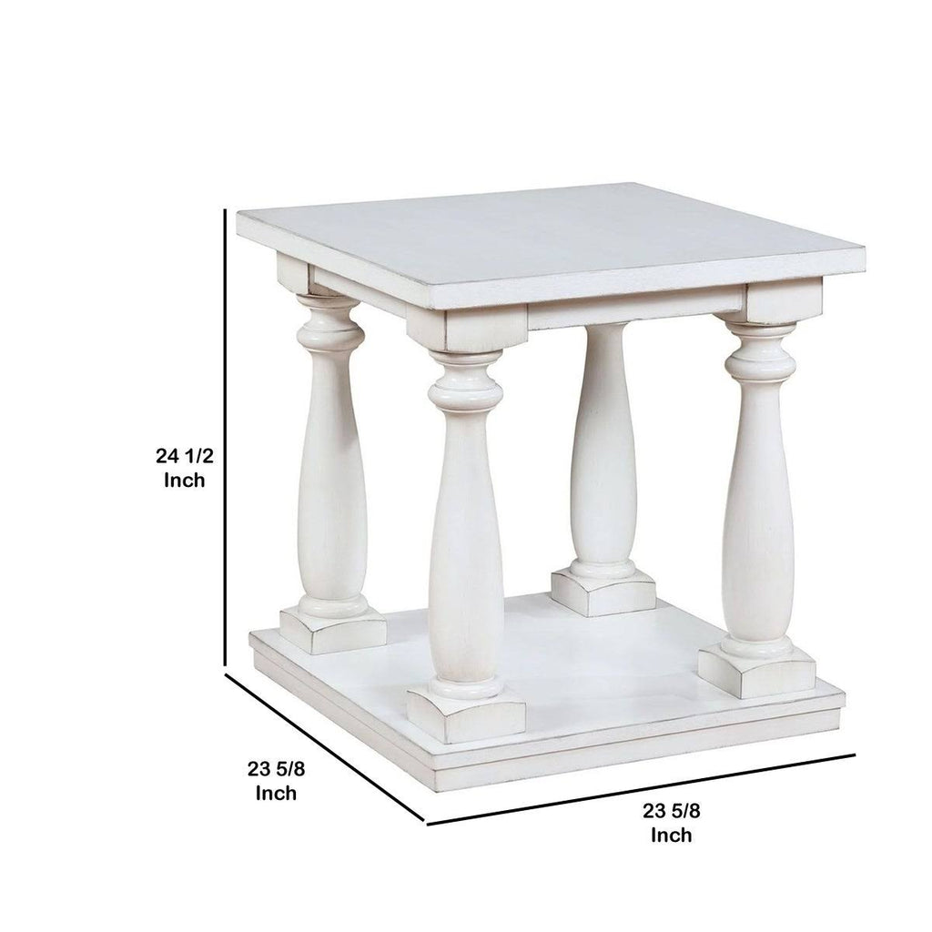 White Wooden End Table with Shelf and Turned Legs P3325