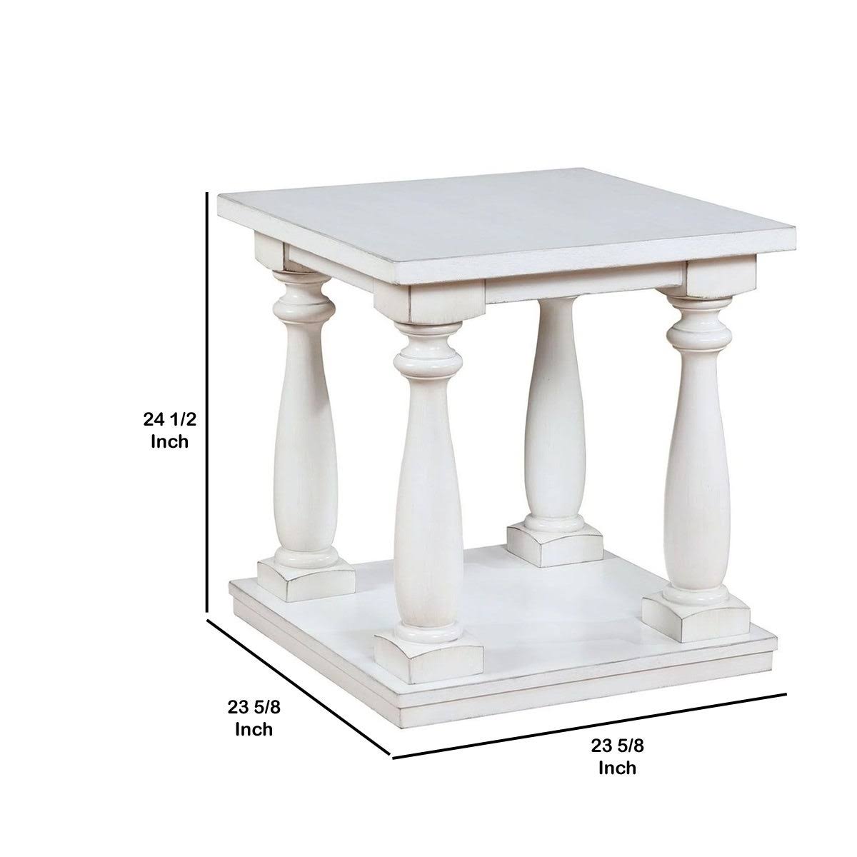 White Wooden End Table with Shelf and Turned Legs P3325