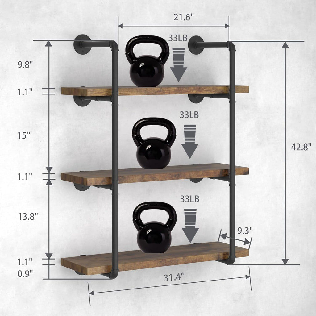Industrial Wall Mount Iron Pipe Shelf Black 3 Tier X2 Q66763