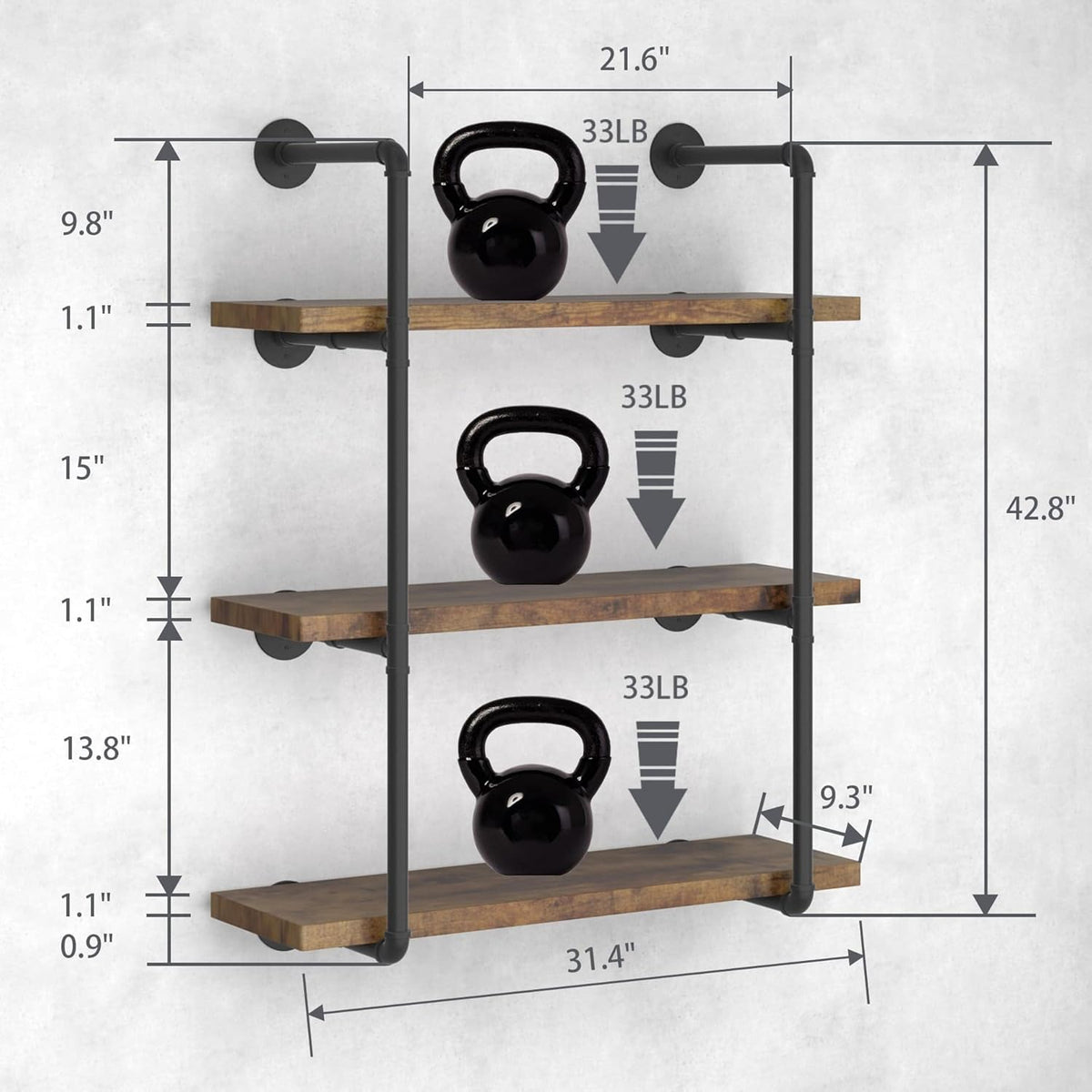 Industrial Wall Mount Iron Pipe Shelf Black 3 Tier X2 Q66763