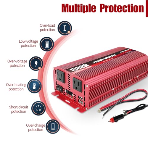 1500W DC 12V to 110V AC Power Inverter with Dual AC Outlets and Dual USB W4956