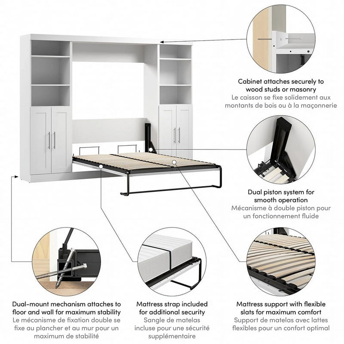 White Full Murphy Bed with Closet Storage Y2404