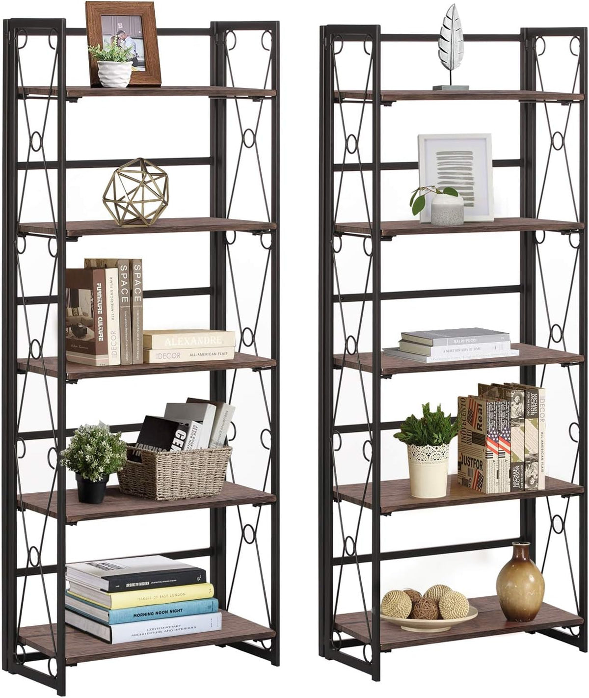 5 Tier Dark Brown Metal Frame Bookshelf W834