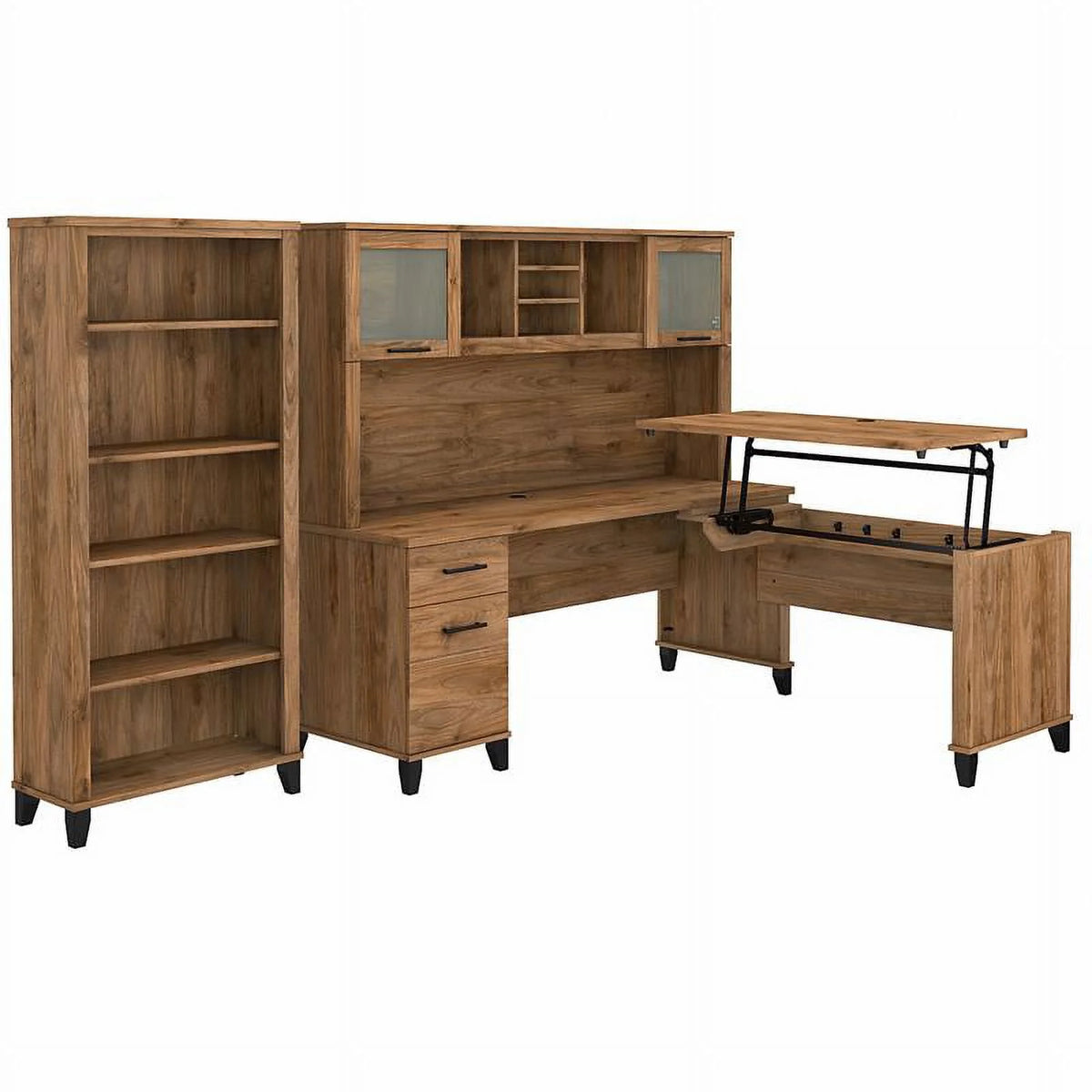 Engineered Wood Sit to Stand Desk Set with Bookcase D7073