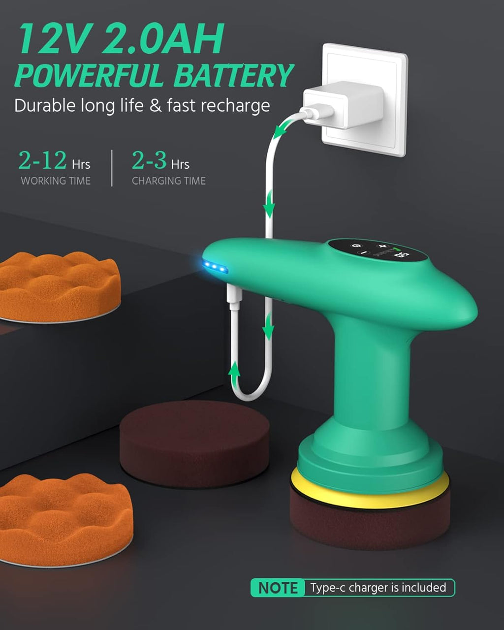 Cordless 4inch Orbital Polisher with 8 Pads, 6 Speeds, 12V LCD Display, Pack of 2 K281288