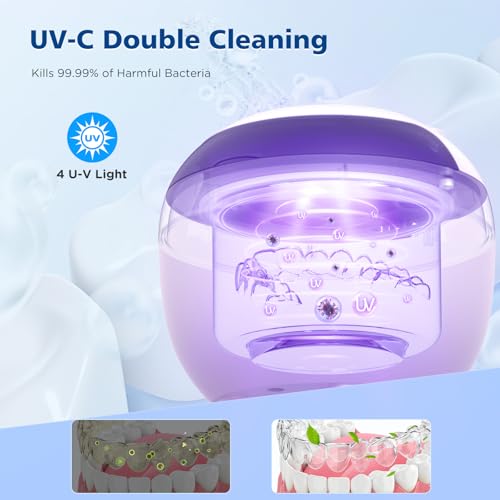 45kHz Ultrasonic Retainer Cleaner Machine, 200ML Denture Cleaner, 4 Modes with Digital Timer Mouth Guard Cleaner (White) Q75997