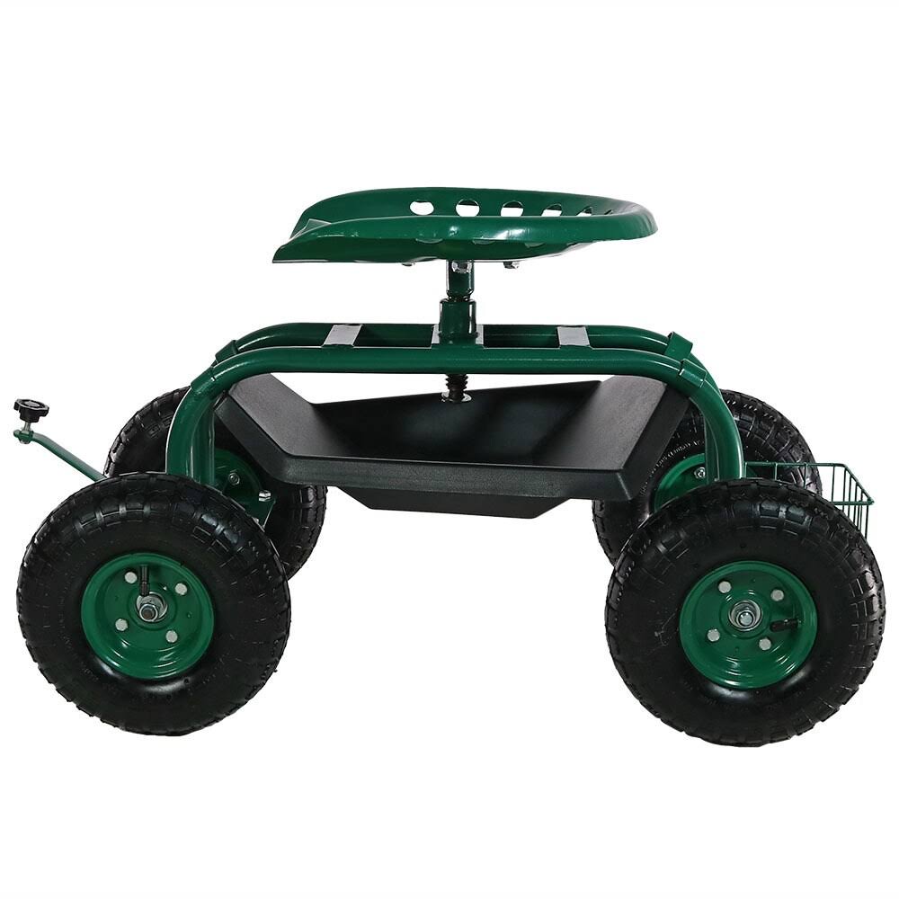 Green Rolling Garden Cart with Steering Handle, Swivel Seat & Basket O4260