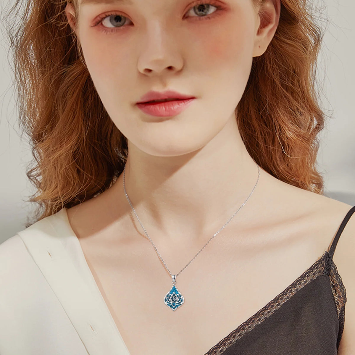 Lotus Pendant Necklace 925 Sterling Silver Turquoise Jewelry 18K White Gold Plated H670594
