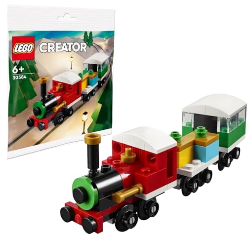 Winter Holiday Christmas Train with Locomotive, Flatbed Wagon, and Carriage (73 Pieces) V100