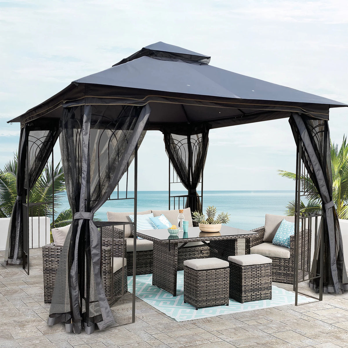 10' x 10' Outdoor Patio Gazebo Canopy Shelter with Ventilated Double Roof And Mosquito Net, Gray H80309