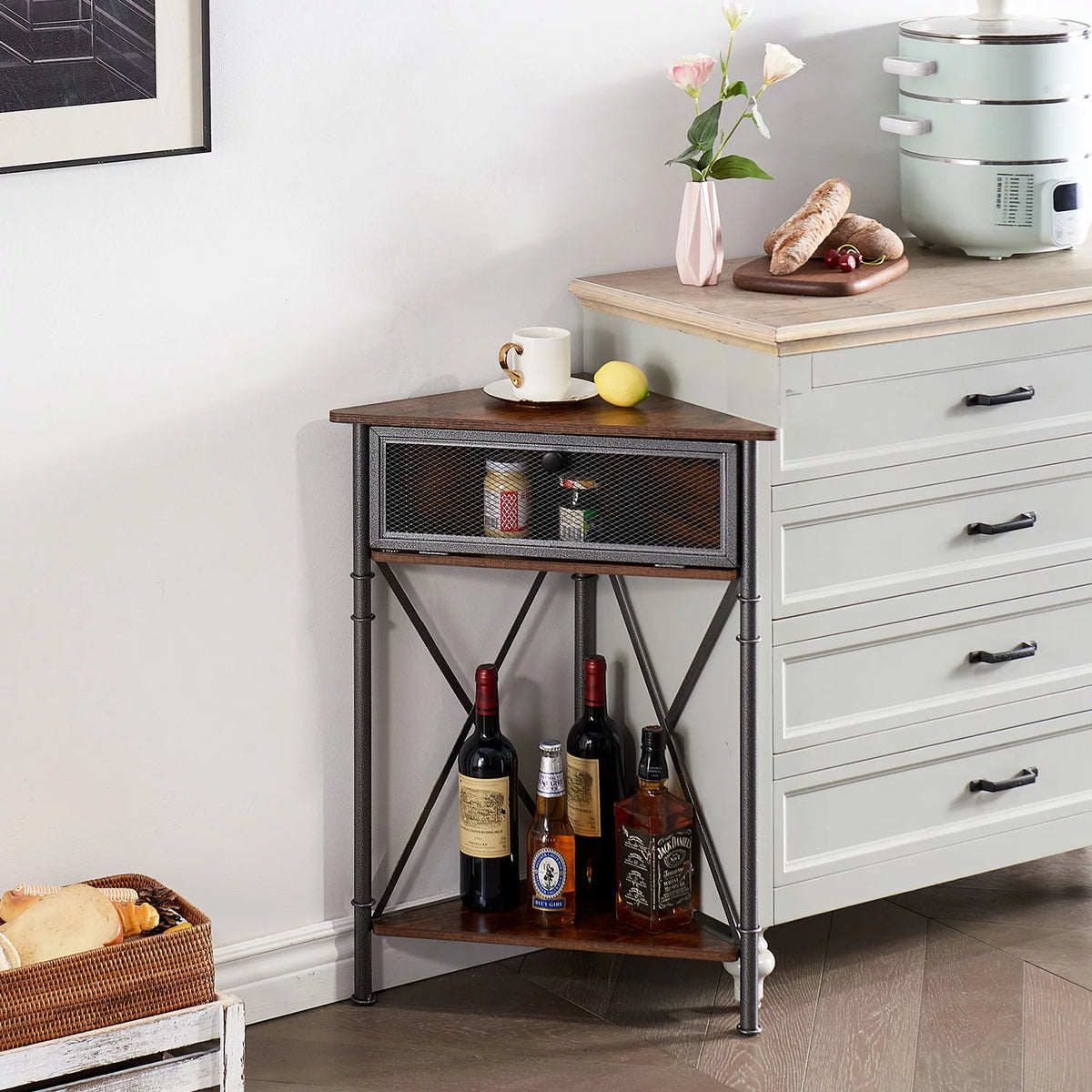 Brown Corner Storage Cabinet with Flip Drawer and Shelf C78332