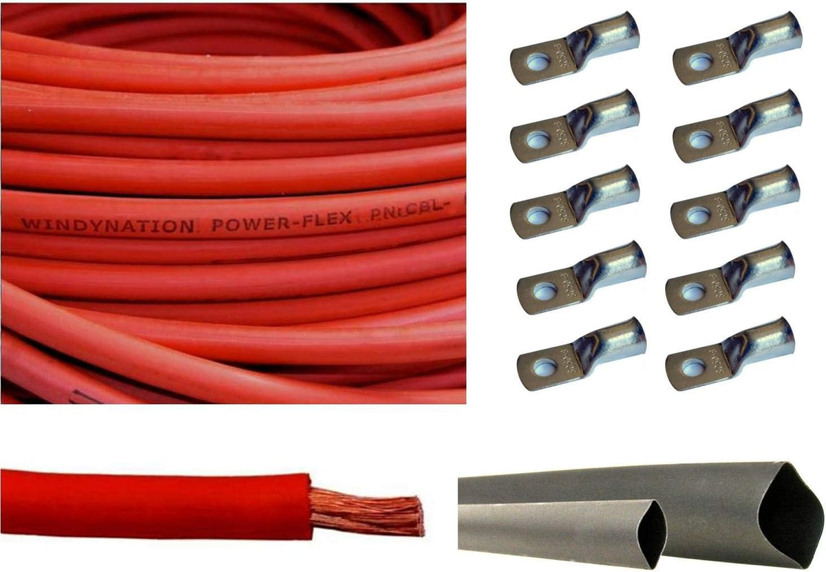 4/0 AWG 10 Feet Black + 10 Feet Red Pure Copper Ultra Flexible Cable + 5pcs 5/16 & 5pcs 3/8 Copper Cable Lug Terminal Connectors + 3 Feet Heat Shrink Tubing F742773