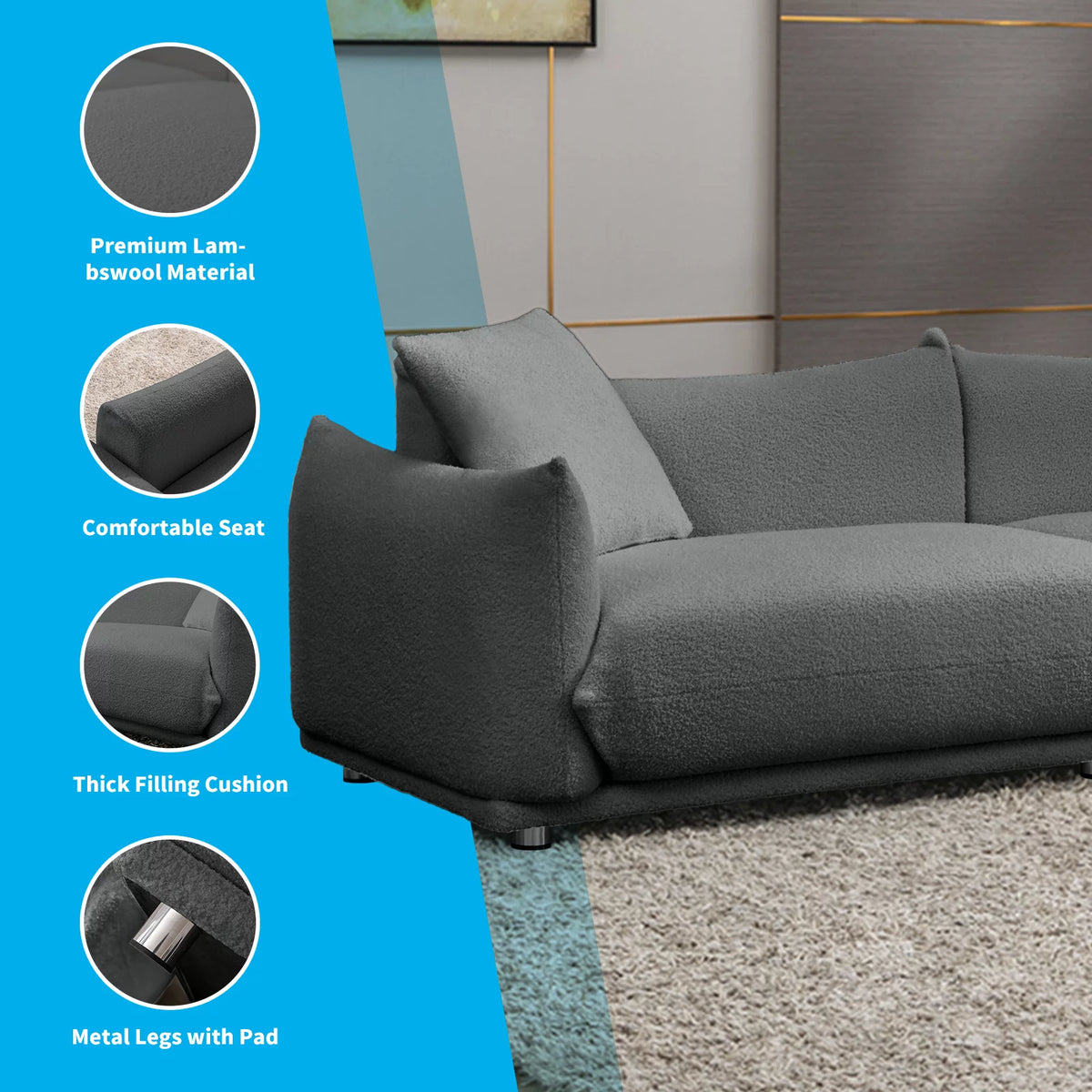 Dark Gray Lambswool Flared Arm Sofa A263765