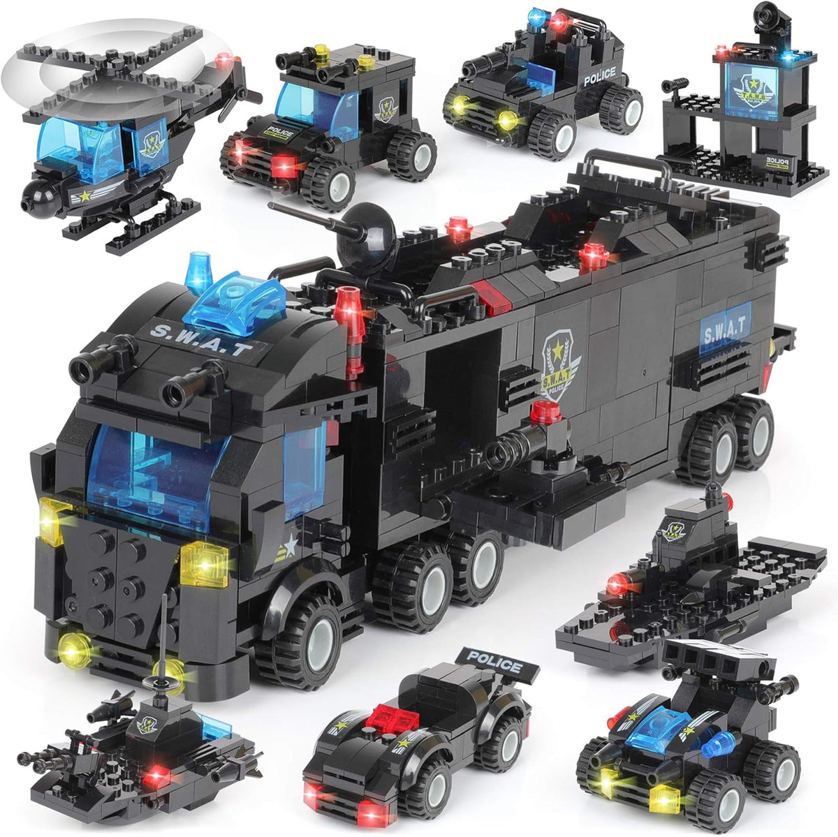 1110 PCS SWAT City Police Station Mobile Command Center Truck Car Building Blocks Set with Storage Box H769516