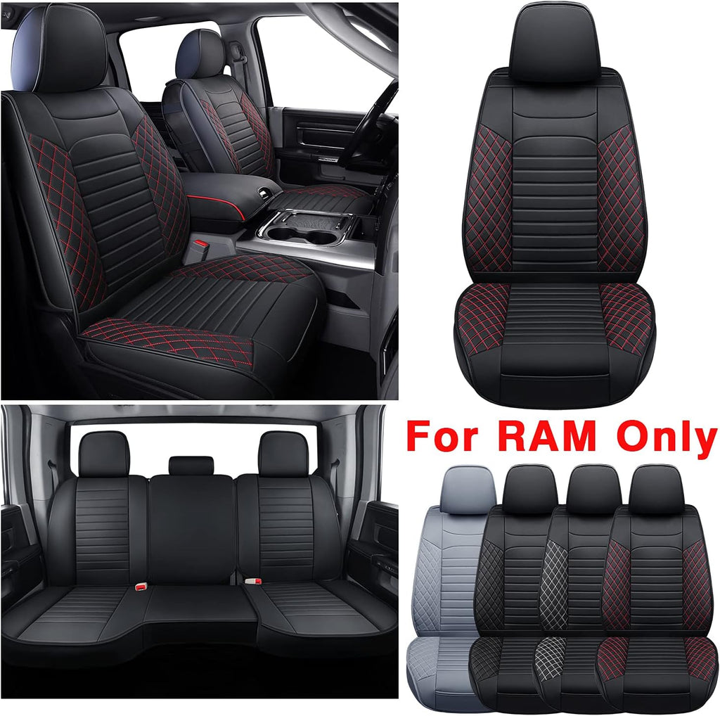 Ram 1500 2500 3500 Seat Covers Full Set, Waterproof Faux Leather, Black&Red S3208