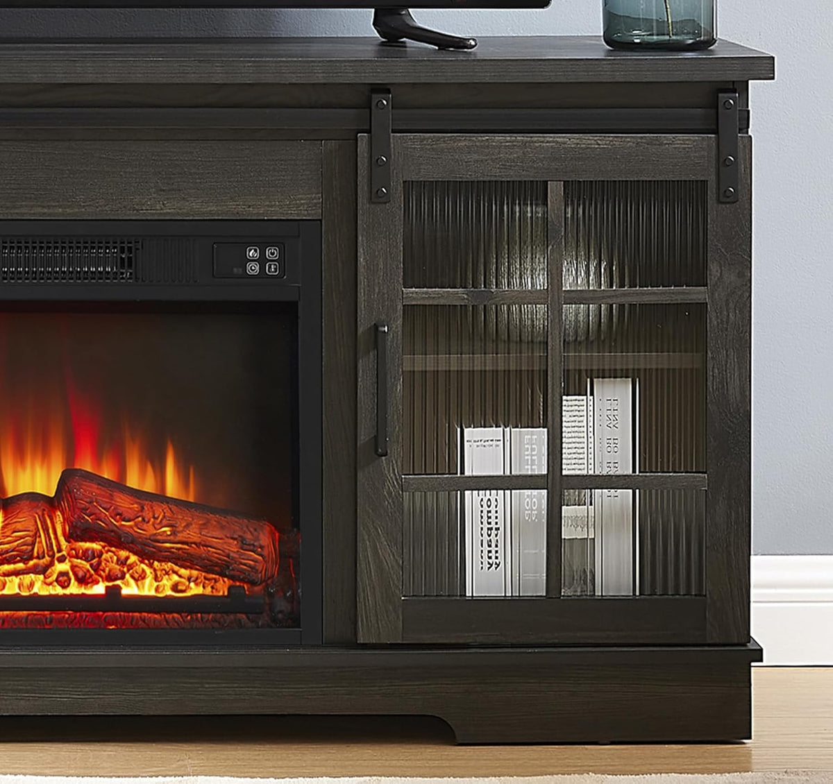 Charcoal Grey Fireplace TV Stand with Storage Drawers and Sliding Door A377293