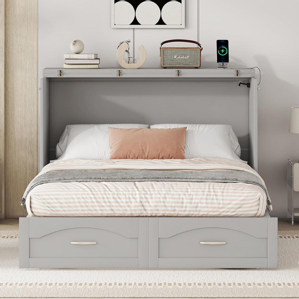Gray Full Size Murphy Cabinet Bed with Built-in Charging Station D44794