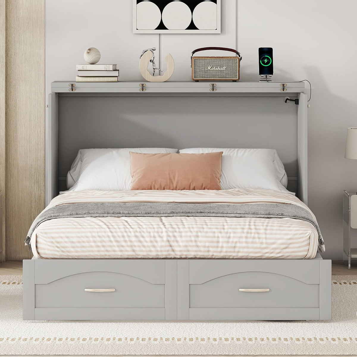 Gray Full Size Murphy Cabinet Bed with Built-in Charging Station D44794