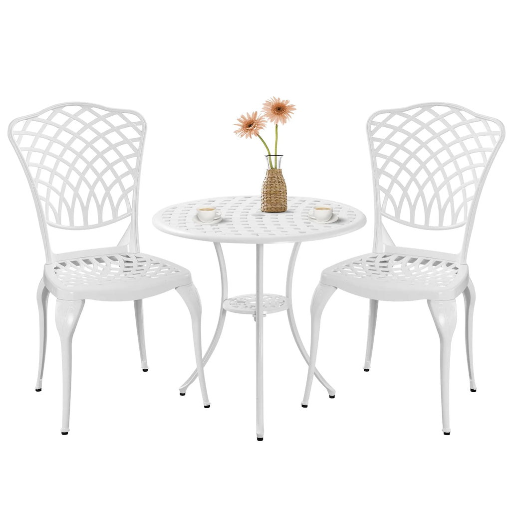 3 Piece White Patio Bistro Set with Umbrella Hole R7366