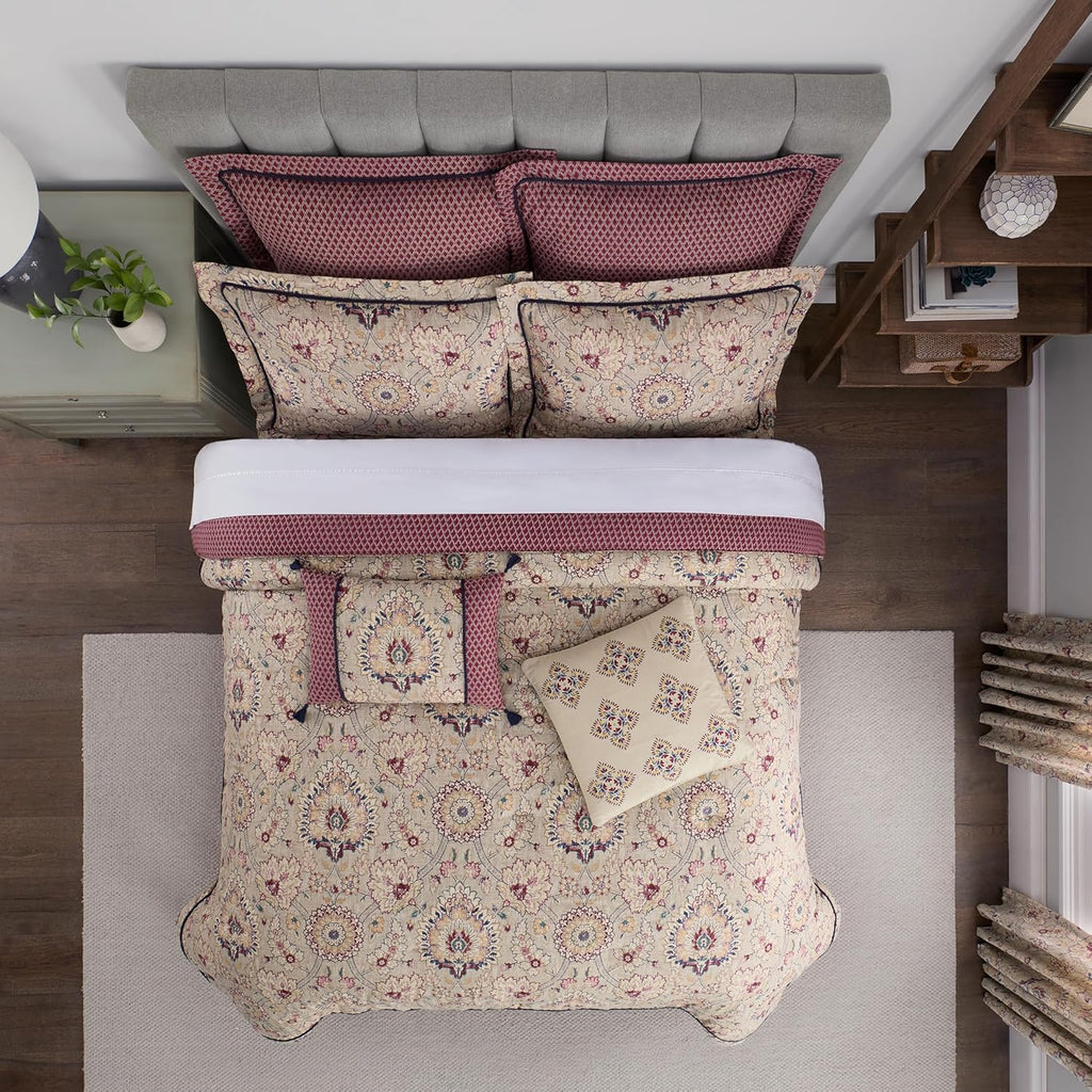 Beige & Maroon 4 Piece Cotton Comforter Set, Queen B29537