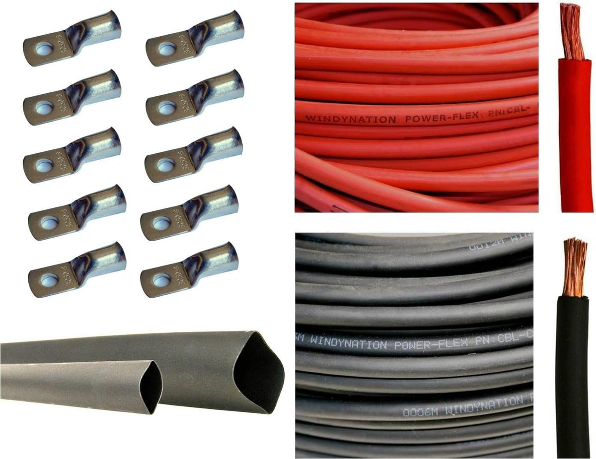 4/0 AWG 10 Feet Black + 10 Feet Red Pure Copper Ultra Flexible Cable + 5pcs 5/16 & 5pcs 3/8 Copper Cable Lug Terminal Connectors + 3 Feet Heat Shrink Tubing F742773