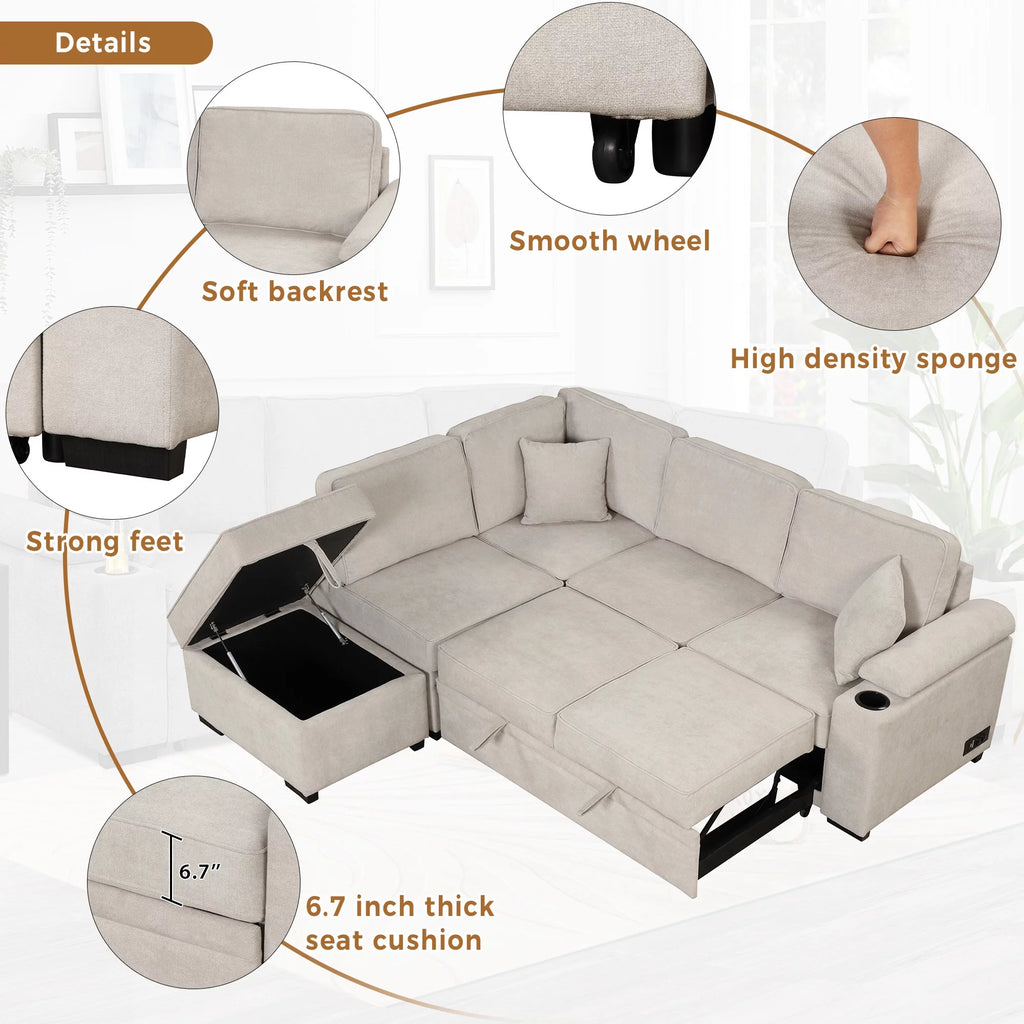 Beige L Shape Sleeper Sofa Bed with Storage Ottoman I5896