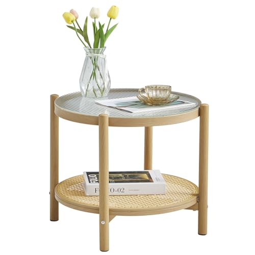 27.5" Boho Rattan Round Glass Coffee Table H766025