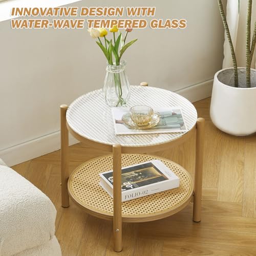 27.5" Boho Rattan Round Glass Coffee Table H766025