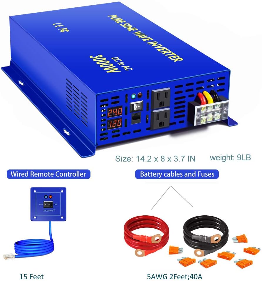 3000W Pure Sine Wave Power Inverter 24V DC to AC 120V with 15ft Cable Remote Switch Controller T67304