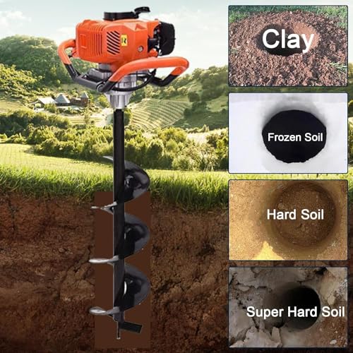 72cc Gas Powered Earth Auger with Three Drill Bit 4" 6" 8" and Three Extension Rods 8" 12" 20" N104058