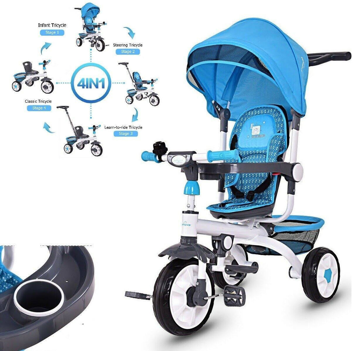 4-in-1 Detachable Baby Stroller Tricycle with Canopy W7230