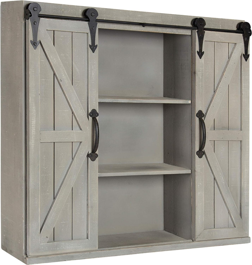 Rustic White Wood Wall Storage Cabinet with Two Sliding Barn Doors D866170