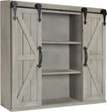 Rustic White Wood Wall Storage Cabinet with Two Sliding Barn Doors D866170