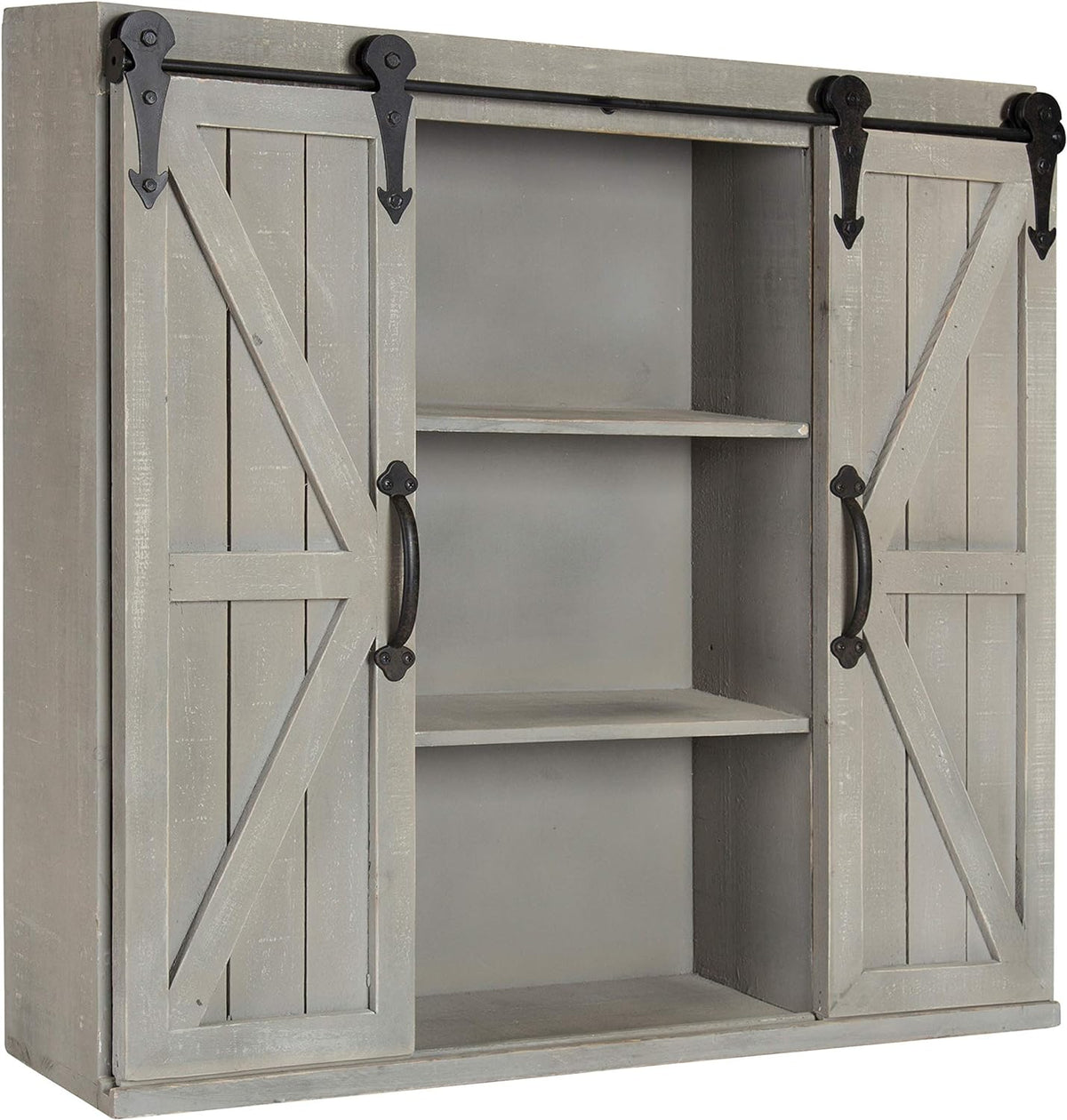 Rustic White Wood Wall Storage Cabinet with Two Sliding Barn Doors D866170