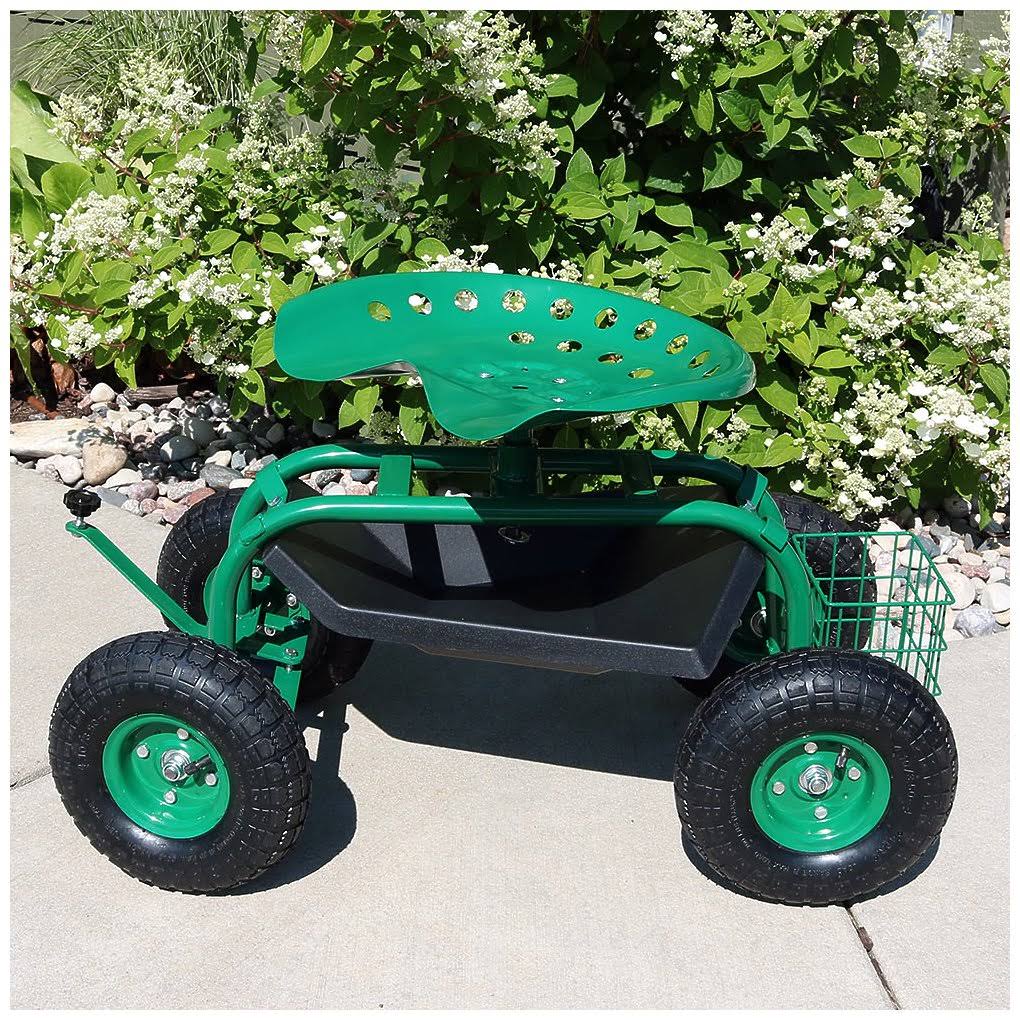 Green Rolling Garden Cart with Steering Handle, Swivel Seat & Basket O4260