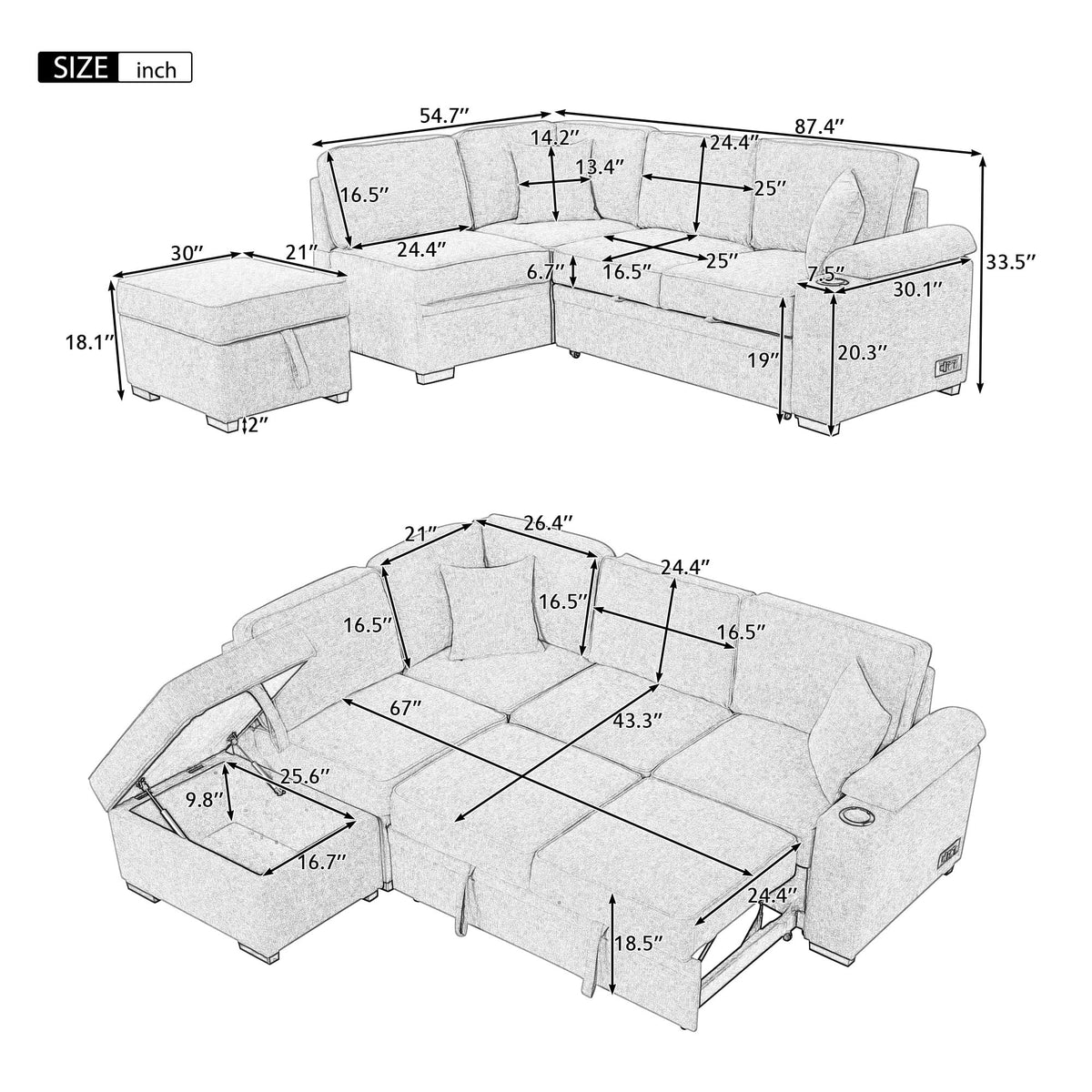 Beige L Shape Sleeper Sofa Bed with Storage Ottoman I5896