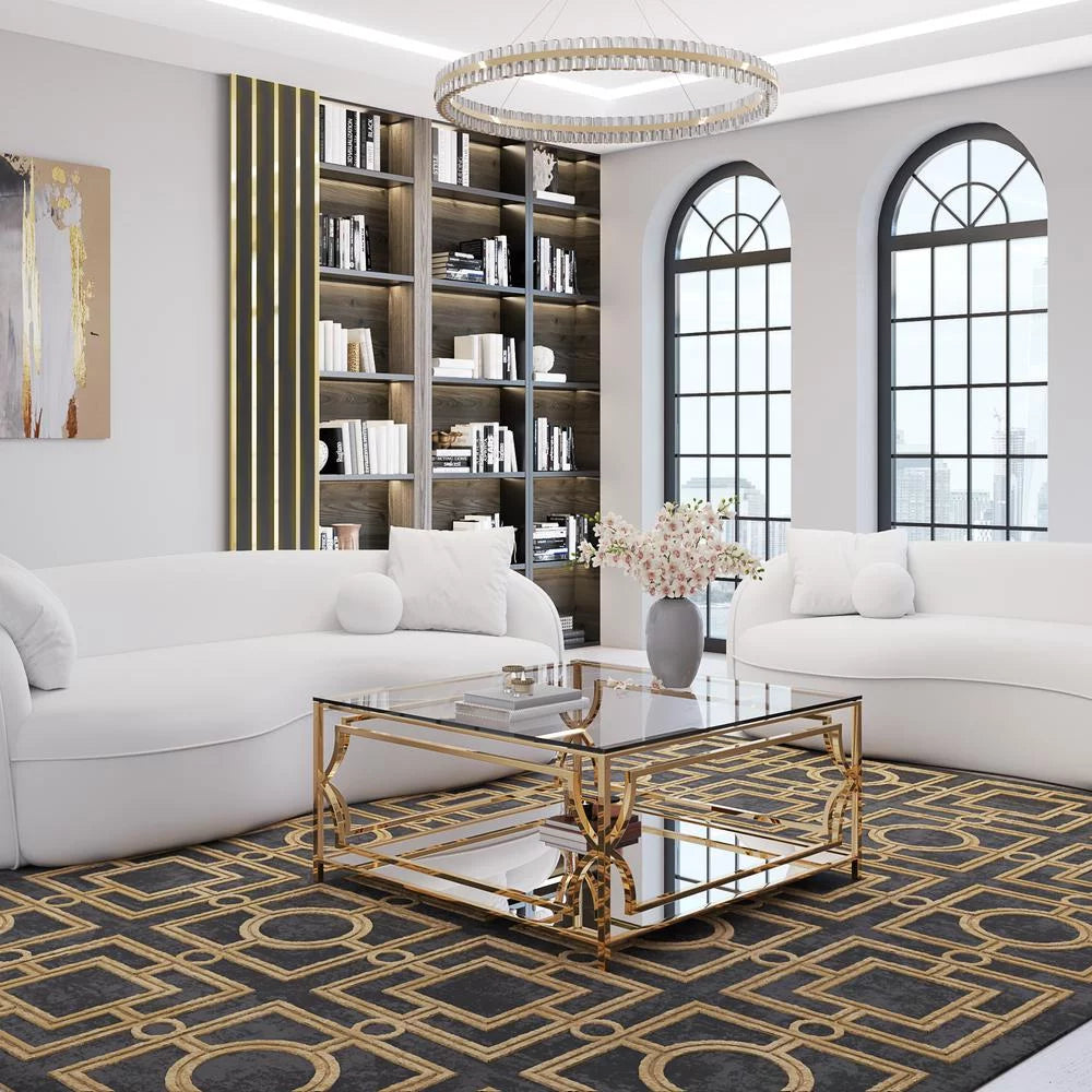 Square Metal and Glass Coffee Table in Polish Gold T123