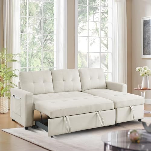 Light Gray Chenille Reversible Sleeper Sectional Sofa with Storage Chaise W4565