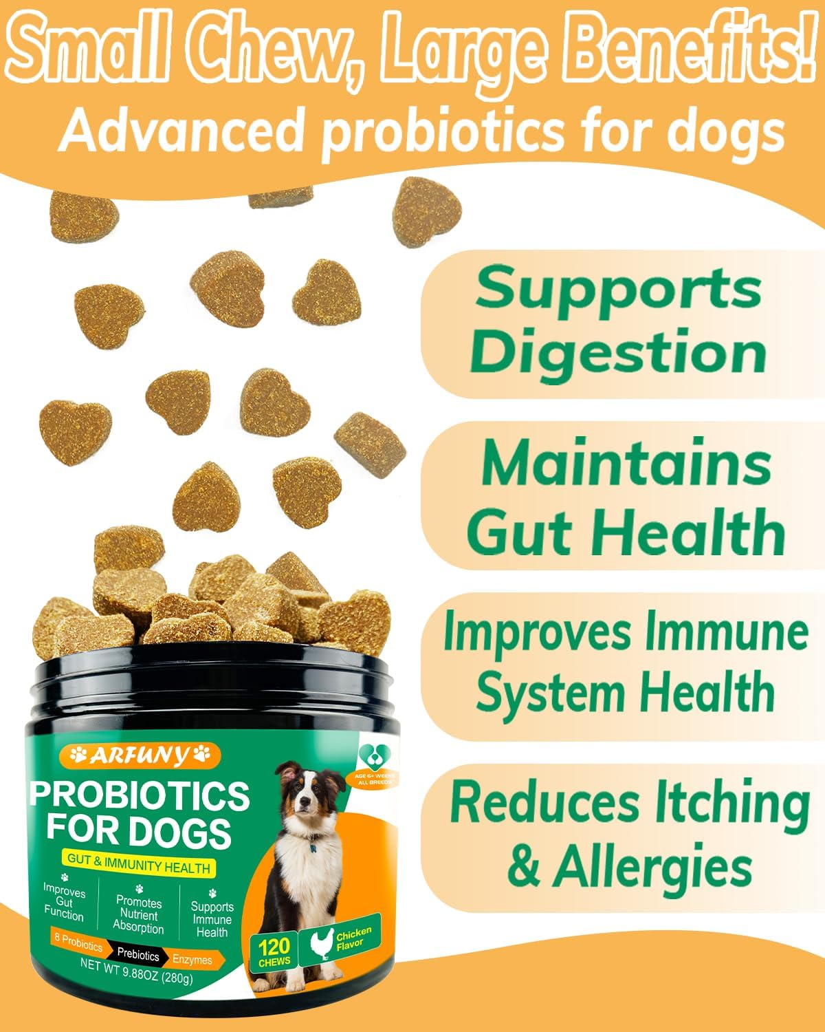 Chicken Flavor Probiotics Chews for Dogs with Prebiotic & Digestive Enzymes (120 Chews) T97196