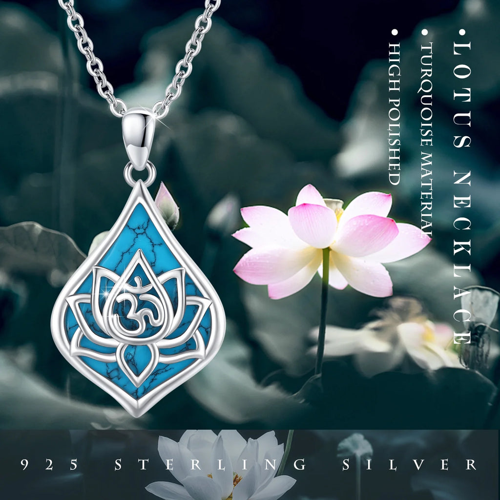 Lotus Pendant Necklace 925 Sterling Silver Turquoise Jewelry 18K White Gold Plated H670594
