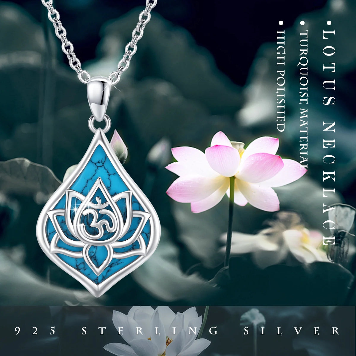 Lotus Pendant Necklace 925 Sterling Silver Turquoise Jewelry 18K White Gold Plated H670594