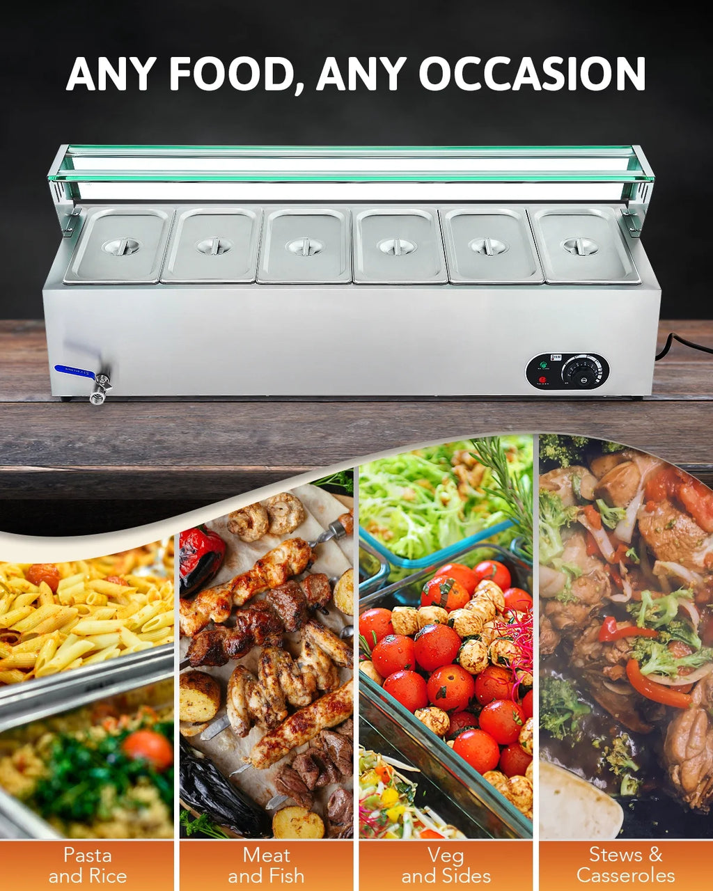 1200W Stainless Steel Bain Marie Food Warmer with 6 Pans Z2360