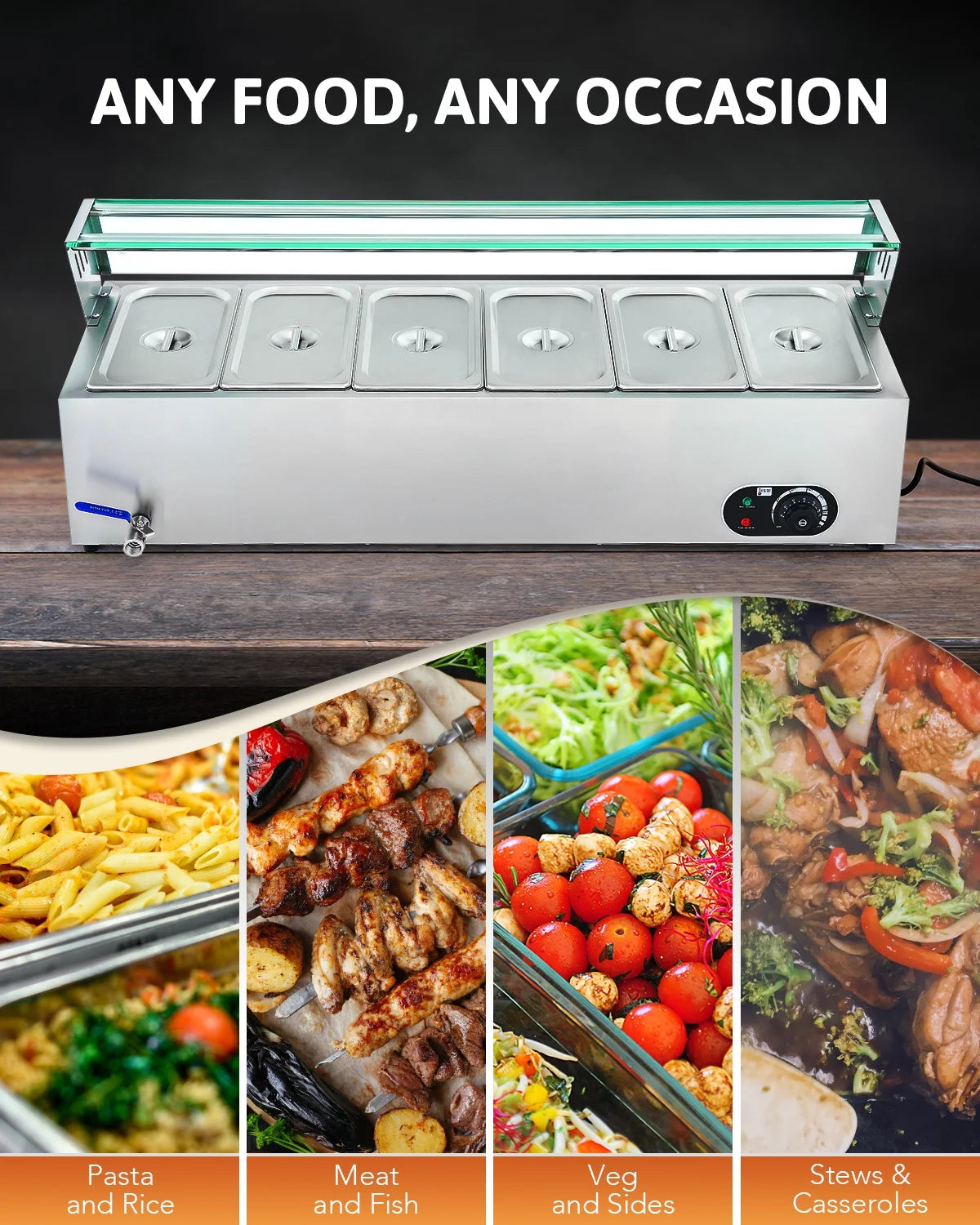 1200W Stainless Steel Bain Marie Food Warmer with 6 Pans Z2360