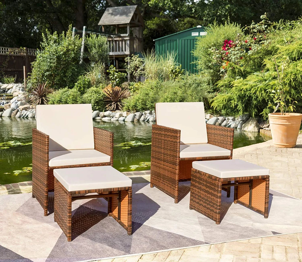Beige 4 Piece PE Wicker Patio Furniture Set with Ottomans Z5908