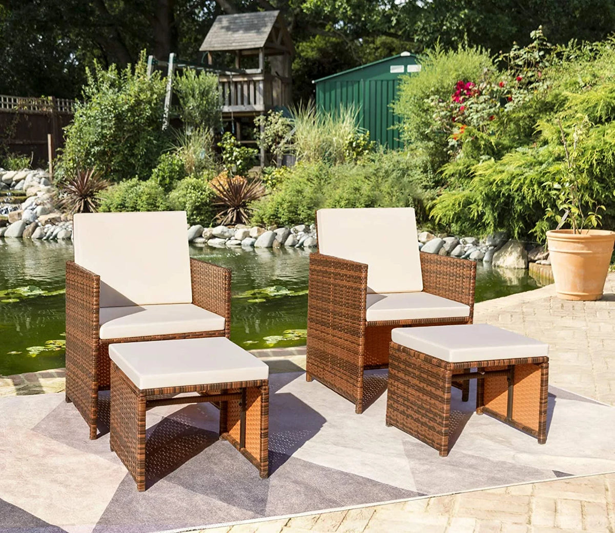 Beige 4 Piece PE Wicker Patio Furniture Set with Ottomans Z5908