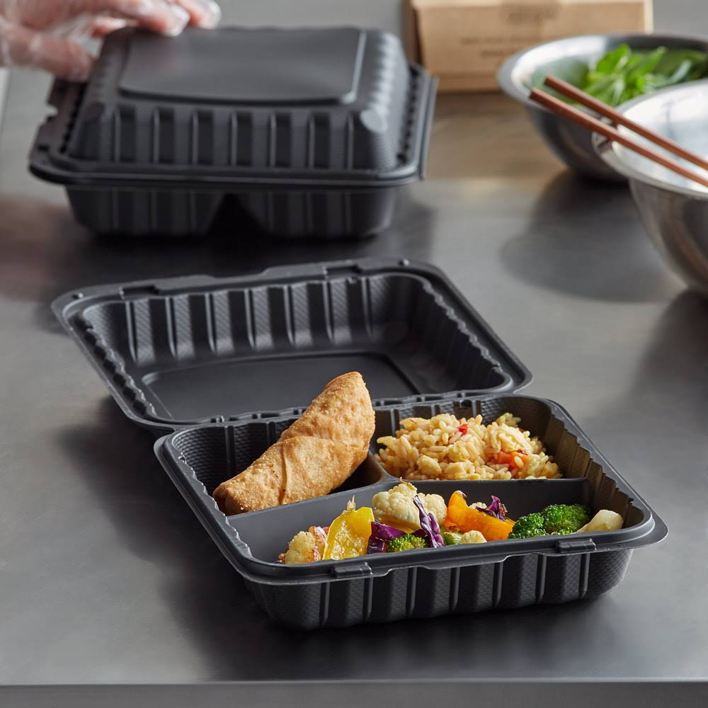 3-Compartment Microwaveable Black Plastic Take-Out Container - 150/Case B289706