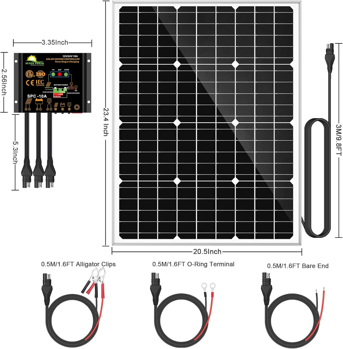 50W Mono Crystalline 12V Solar Panel Kit with 10A Charge Controller and SAE Cable Adapters F667